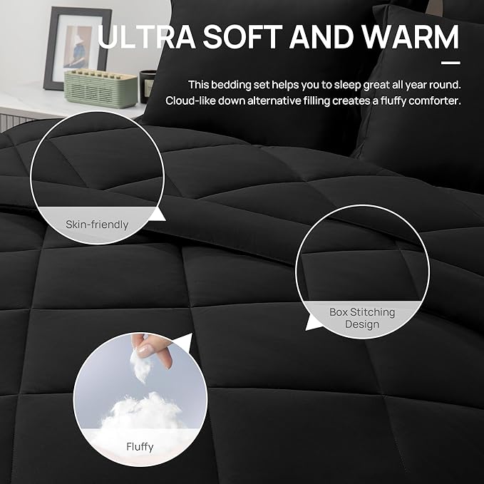 Love's cabin King Size Comforter Set Black, 7 Pieces King Bed in a Bag, All Season Bedding Sets with 1 Comforter, 1 Flat Sheet, 1 Fitted Sheet, 2 Pillowcase and 2 Pillow Sham