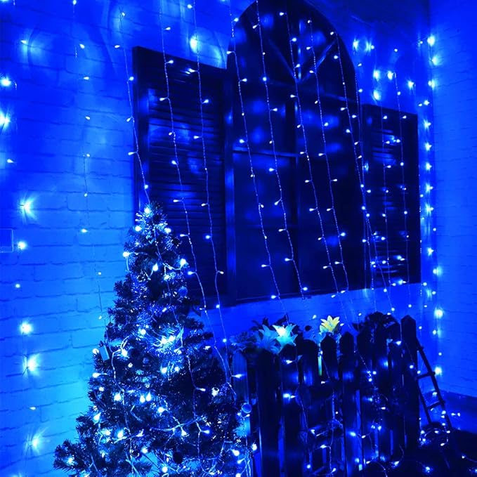 HEYFUNi Curtain Lights,304L 9.8ftX9.8ft 30V 8Modes Safety Window Lights with Memory for Home Wedding Christmas Party Patio Lawn Garden Bedroom Outdoor Indoor Wall Decorations (304LED, Blue) 1