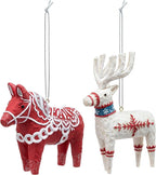 DEMDACO Cozy Time Red, White 3.5 x 3 Inch Resin, Polyester Christmas Tree Decoration, Festive Holiday Décor, Hanging Ornaments, Set of 2, Scandinavian Lucky Horse and Deer