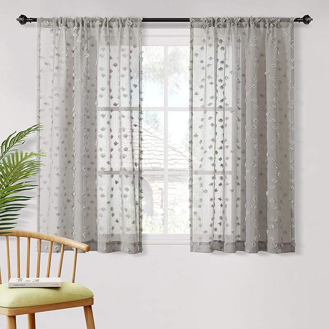 MYSKY HOME Grey Sheer Short Curtains with Pom Pom for Small Windows Bedroom Nursery Kids Girls Room Curtains Cafe Kitchen Light Filtering Boho Drapes, Rod Pocket,52x 45 Inches, 2 Panels