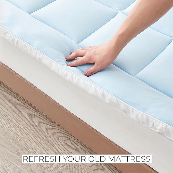 Great Bay Home Full Cooling Mattress Topper. Thick, Elastic Corner Mattress Pad. Ultra-Soft Cooling Pillowtop Mattress Cover & Protector. Fits Mattresses up to 18” (Full, Light Blue)