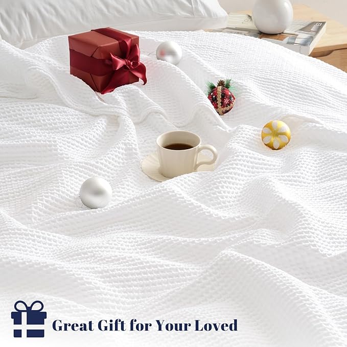 PHF 100% Cotton Waffle Weave Throw Blanket 50" x 60"-Lightweight Cozy Washed Soft Breathable Throw Blanket for Adults and Kids-Great Blanket Layer for Couch Bed Sofa-Elegant Home Decoration- White