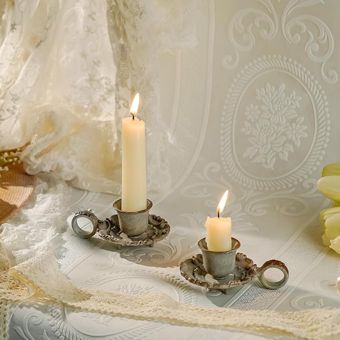 NIKKY HOME Mini Taper Candle Holders Set of 2, Rustic Metal Candlestick for Table Centerpieces, Wedding Decor and Dinner Party, Grey