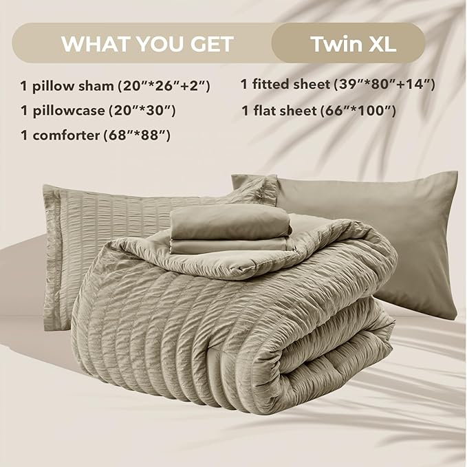 HYMOKEGE Linen Twin XL Comforter Set Seersucker 5 Pieces, All Season Luxury Bed in a Bag for Bedroom, Bedding Set with Comforter, Sheets, Pillowcase & Sham