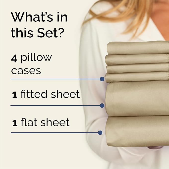 Queen 6 Piece Sheet Set - Comfy Breathable & Cooling - Ultra Soft Hotel Luxury Bedding Set w/ 8-16 Inch Deep Pockets - 1 Flat & 1 Fitted Sheet & 4 Pillowcases - Cozy, Wrinkle Free & Easy Care - Beige