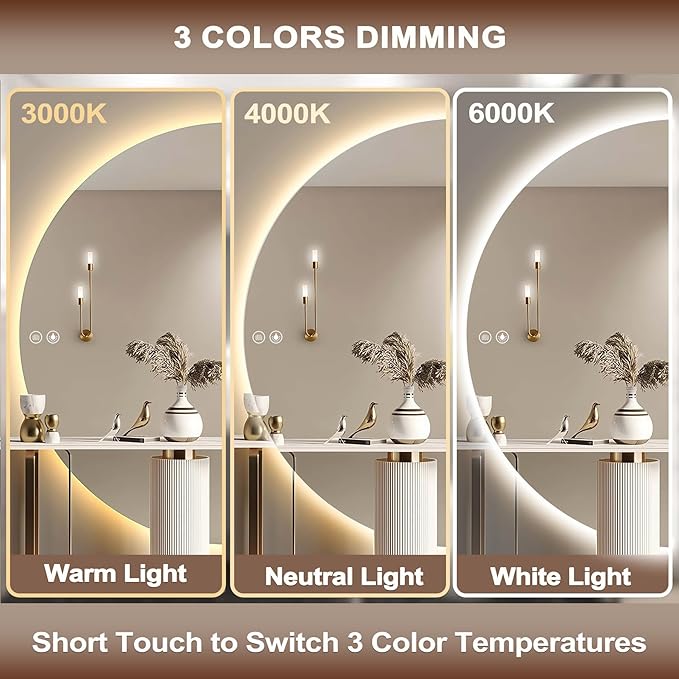 Half Moon Mirrors for Wall, 48"×24" LED Bathroom Mirrors with Lights-Touch Switch Backlit Bathroom Mirror-3 Colors-Dimmable Brightness,Anti-Fog, Memory, ETL Certified