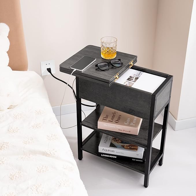 Yoobure End Table with Charging Station, Flip Top Side Table with USB Ports and Outlets, Sofa Couch Table Bedside Table for Living Room Bedroom, Narrow Nightstand with Storage Shelves for Small Space