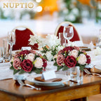 NUPTIO Artificial Flower Centrepieces for Tables - 10 Pcs Burgundy & Dusty Rose & Creamy White Fake Flowers Roses Balls 9.5in Diam - Silk Faux Rose Arrangement for Wedding Party Table Decor
