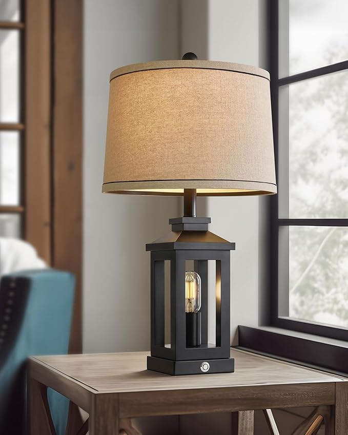 23.75" Retro Farmhouse Black Table Lamp for Living Room Bedroom Nightstand Single Pack Touch Control Bedside Nightlight Vintage Modern Lamp with USB C+A Ports and 2 Light Sources