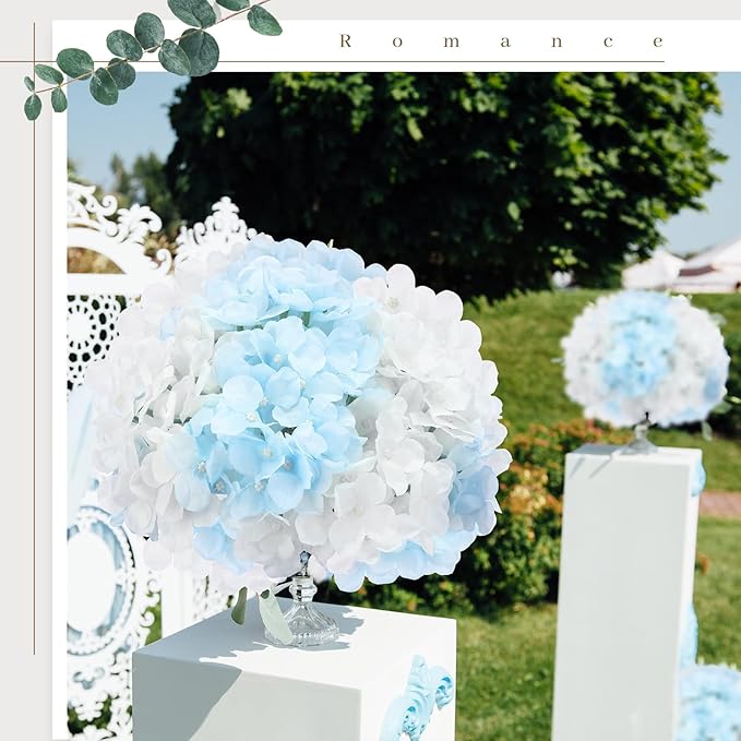 Zeyune 200 Pcs Hydrangea Artificial Flowers, Silk Flower Heads with Stems, Fake Hydrangea Bouquet for Wedding Arch Centerpiece DIY Floral Home Decoration (White and Blue)