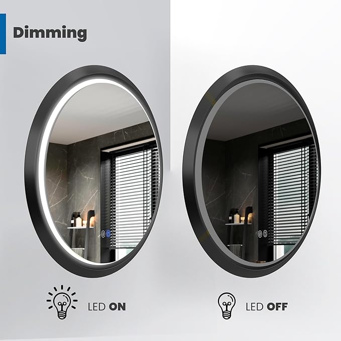 Round LED Bathroom Mirror with Lights, Front Lit Makeup Mirror, Anti-Fog, 3 Colors and Dimmable Light, 36 Inchs Black