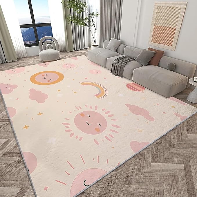 Living Room Area Rug 5x8 ft Cartoon Sun Rainbow Washable Non-Slip Area Rug, 3D Print Low-Pile Carpet for Bedroom, Kids Room, Nursery, Home Decor Rugs
