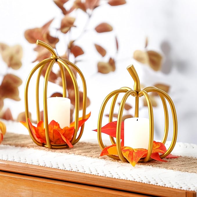 2 Pcs Thanksgiving Gold Metal Pumpkin Candle Holder 6inch 8inch Fall Iron Pumpkin Votive Candle Holder for Holiday Autumn Halloween Home Room Vintage Decoration