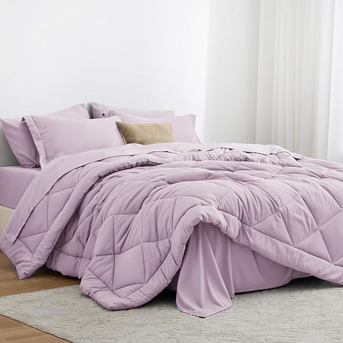 Love's cabin Full Comforter Set Light Purple, 7 Pieces Full Bed in a Bag, All Season Bedding Sets with 1 Comforter, 1 Flat Sheet, 1 Fitted Sheet, 2 Pillowcase and 2 Pillow Sham