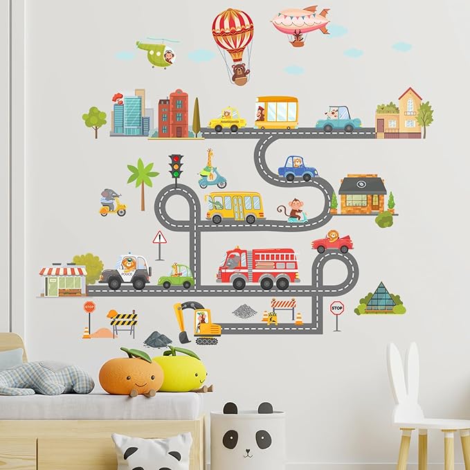 Jungle Animal Wall Stickers Forest Safari Wall Decals Kid Room Nursery Baby Bedroom Décor (Cartoon Animal Traffic)