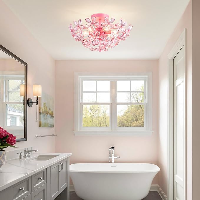 WUZUPS Crystal Chandelier Flushmount Ceiling Light Modern Lighting Fixture for Bedroom Hallway Bar Kitchen Bathroom, H 8.9" x W 17.7", Pink, E12 Base