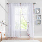 Treatmentex White Sheer Curtains Multi Colorful Pom Pom Sheer Drapes 63" inches Long Window Draperies for Nursery Room Bed Canopy 2 Panels Rod Pocket