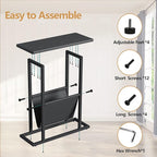 Yusong Small Narrow Side Table for Small Spaces, 17.7" W Slim End Table Nightstand with Storage Holder, Accent Skinny Snack Couch Bedside Table, Black Oak, Complete Iron Pipes