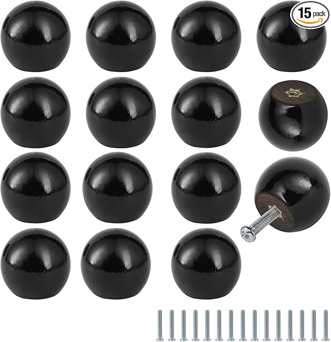 FoDau770 15pcs Black Wood Knobs, Round Ball Cabinet Knobs Vintage Drawer Pulls, Natural Wooden Cabinet Hardware for Furniture Drawer Dresser Wardrobe Cupboard - 1" Diameter