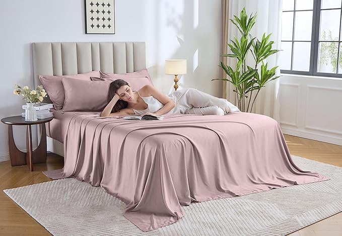 Pure Bamboo Queen Sheets, Genuine 100% Organic Viscose Derived from Bamboo Bed Sheet Set, Luxuriously Soft & Cooling, Double Stitching, Lifetime Quality Promise (Queen, Dusty Pink)