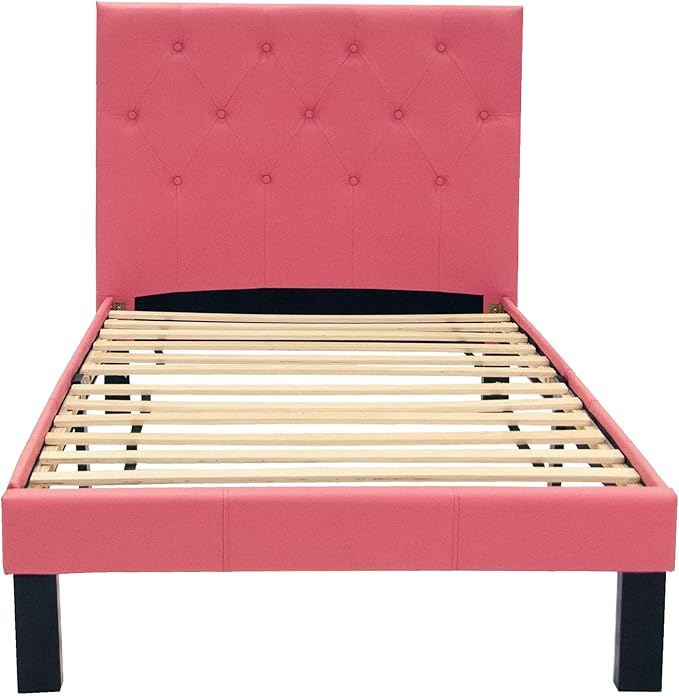 Poundex PU Upholstered Platform Bed, Twin, Pink