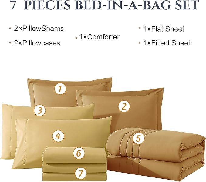 Monbix Queen Comforter Set - 7 Pieces Desert Yellow Bed in a Bag Queen Bedding Sets with Comforters, All Seasons Down Alternative Comforter Bed Set with Sheets, Pillowcases & Shams