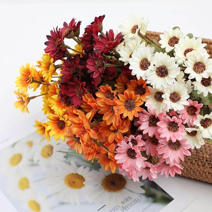 Artificial Mums for Outdoors, Faux Sunset Mum Flowers Planters for Indoor Outside Decor, Fake Look Real, Vibrant, UV Resistant, Waterproof, Windproof (Yellow, 5 Bundle)