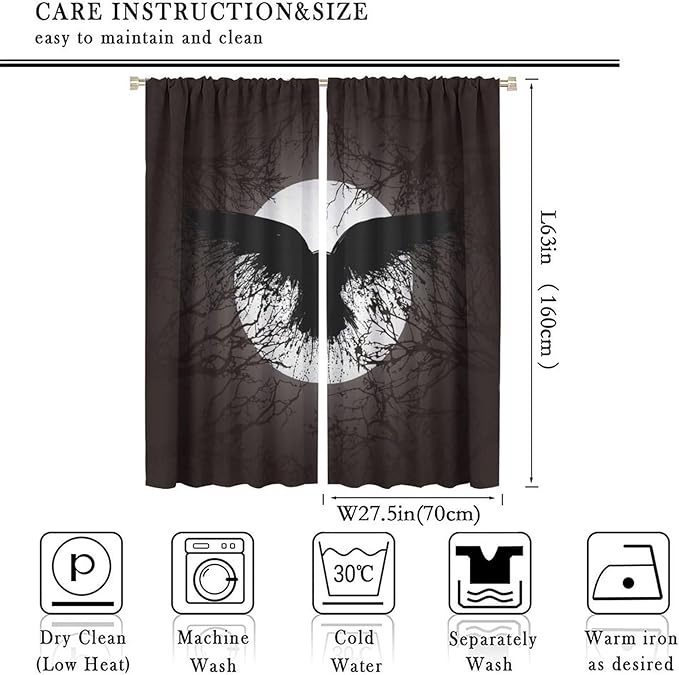Cool Raven Print Curtains for Bedroom - Vintage Nordic Viking Theme Dead Tree Crow Full Moon Window Drapes,Energy Saving Thermal Insulated Rod Pocket Bedroom Blackout Curtains 2 Panels 63L x 27.5W