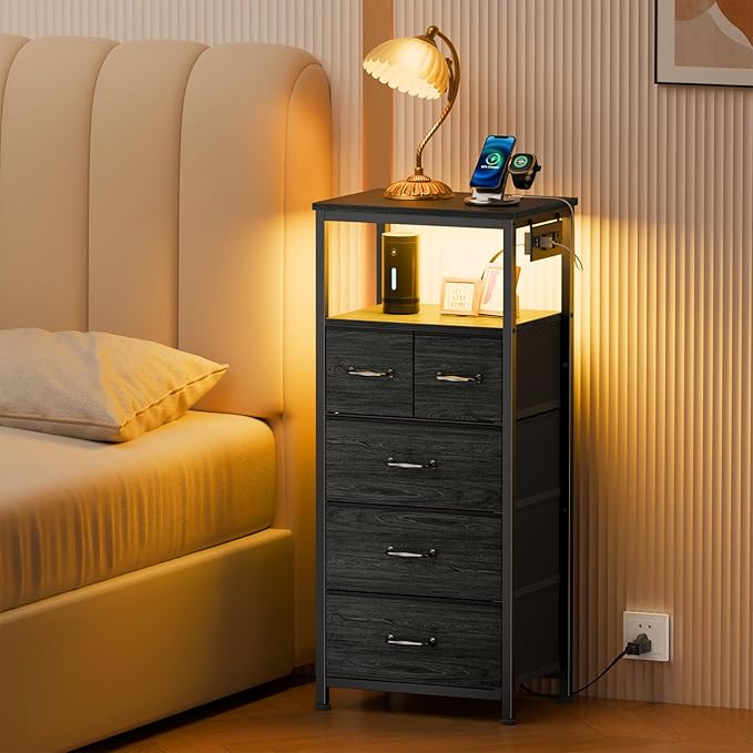 Furnulem Dresser for Bedroom, Tall Nightstand, Vertical Chest with Wood Top, Charging Station, LED Lights, 5 Fabric Bins, Bedside Table with Shelf, Furniture for Entryway (5 Drawer, Black Oak)