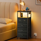Furnulem Dresser for Bedroom, Tall Nightstand, Vertical Chest with Wood Top, Charging Station, LED Lights, 5 Fabric Bins, Bedside Table with Shelf, Furniture for Entryway (5 Drawer, Black Oak)