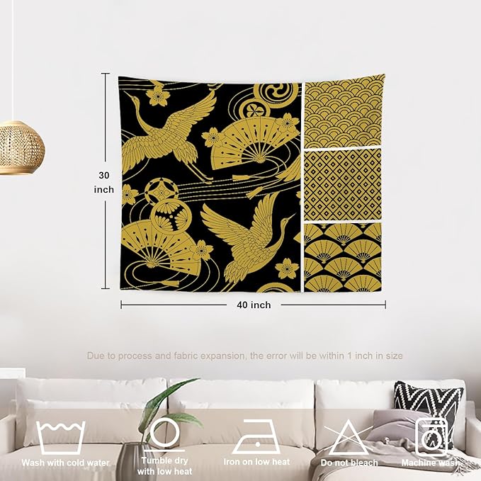 Batmerry Flower Vintage Tapestry, Oriental Japanese Pattern Ornaments Traditional Motives Kimono Wall Hanging Polyester Fiber White Ruffled Around For Dorm Room Bedroom Living Room, 30 X 40 Inches