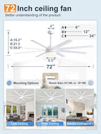 YUHAO 72 Inch White Ceiling Fan with Light and Remote Control.Noiseless,Dimmable,3CCT,6 Speeds Reversible, DC Ceiling Fans for Indoor or Covered Outdoor