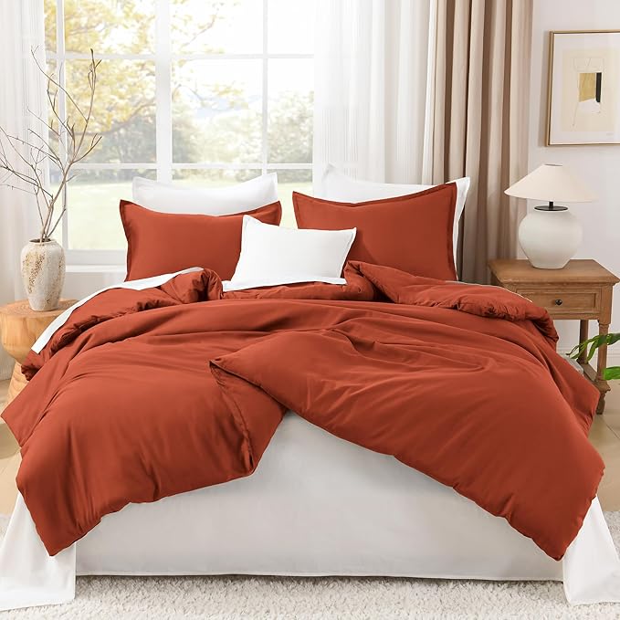 Litanika Comforter King Size Bed Set Burnt Orange, 3 Pieces Terracotta Boho Lightweight Fluffy Solid Bedding Comforter Set, Rust All Season (104x90In Comforter & 2 Pillowcases)