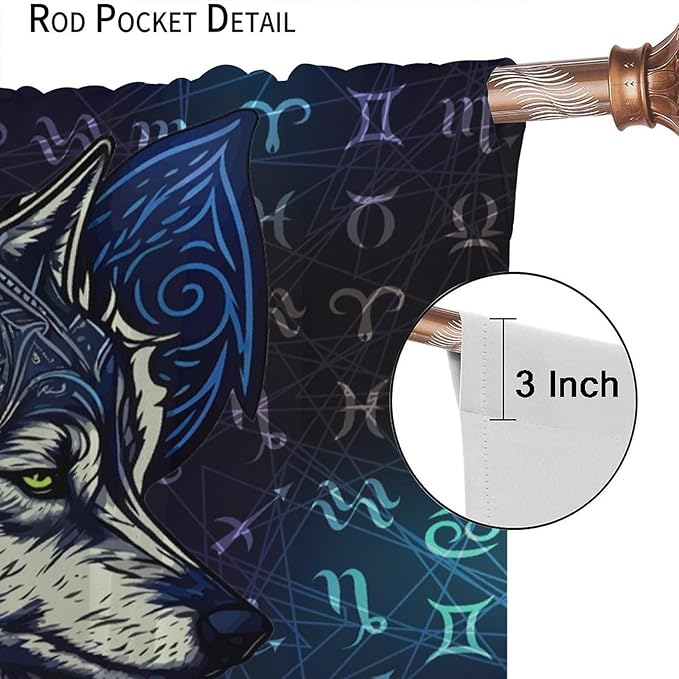Viking Wolf Curtains Blue Rune Nordic Gothic Animal Curtains Dark Ancient Totem Mythological Pattern Printed Curtains Boys Bedroom Living Room Decoration Blackout Curtains W63 * L72 Inch