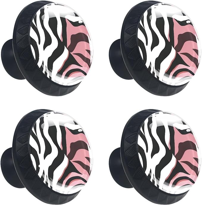 4 PCS Knobs for Dresser Drawers, Pink Zebra Skin Texture ABS Round Kitchen Cabinet Handles Pulls for Kitchen Cupboard Wardrobe Hardware Bedroom