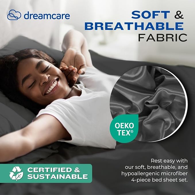 DREAMCARE Queen Size Sheets - Cooling Bed Sheets - 4pcs Set - up to 15" Deep Pocket Queen Sheet Set - Sheets Queen Size Bed - Soft & Long Lasting 100% Fine Brushed Polyester with Side Pocket - Grey