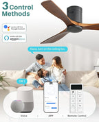 Sofucor 52 Inch Smart Ceiling Fan Without Lights Flush Mount Solid Wood Ceiling Fan with Alexa/Google Assistant/APP/Remote Control-Modern Outdoor Ceiling Fans No Light for Bedroom/Patio, Brown Black