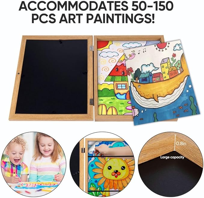 [2-Pack]Kids Art Frames,10x12.5 Front Opening Kids Artwork Frames Changeable, Display 8.5x11 or 9x12 With Mat,Holds 50 Pcs,for 3D Picture,A4 Artwork,Crafts,Childrens Drawing,Art Projects Storage-Wood