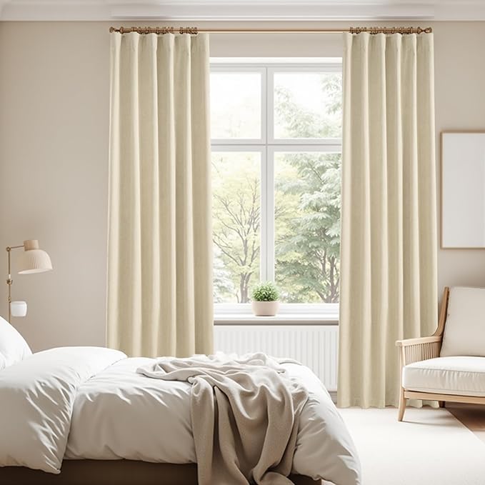 KangBang Linen Blackout Curtains 84 Inches Long, Back Tab Rod Pocket Boho Beige Curtains Room Darkening Soundproof Elegant Thick Linen Drapes for Living Room Baby Nursery(2 Panels, 52Wx84L)