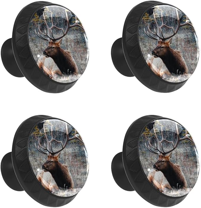 4 Pack Drawer Knobs Pulls Wildlife Elk Deer Crystal Glass Round Knobs Pulls Handles for Cabinets Dressers Kitchen Bathroom - Cupboards Wardrobes Hardware Furniture Knobs