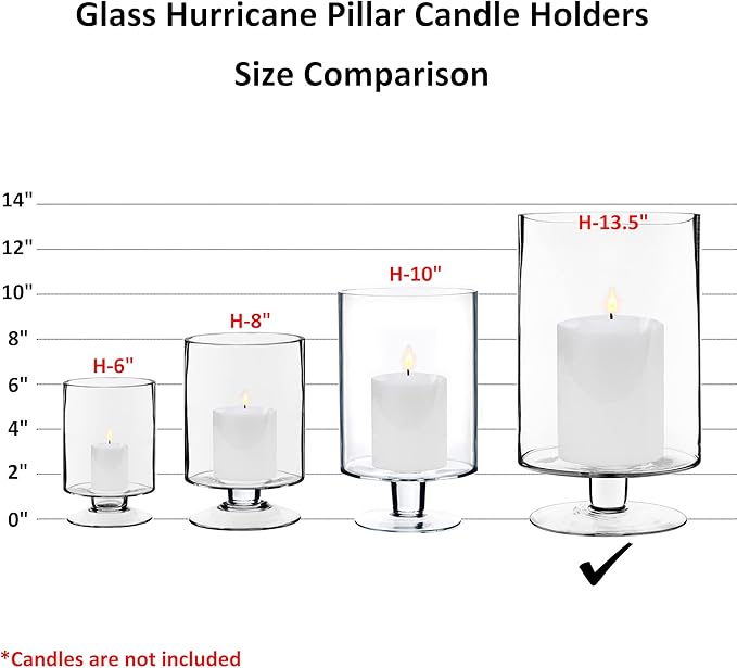 CYS EXCEL Glass Hurricane Pillar Candle Holder (H:13.5" W:8") | Multiple Size Choices Short Stem Candle Centerpieces | Stemmed Glass Cylinder Candle Vase