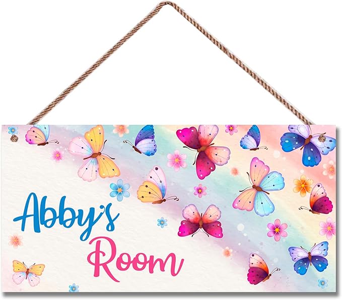 Personalized Butterfly Door Sign for Little Man Cave Colorful Floral Bouquet Door Sign Bedroom Nursery Wood Plaque Hanging Wall Art Decor For Kids Room