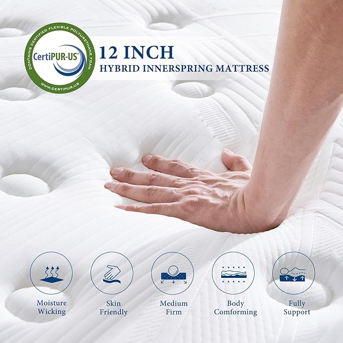 Coolvie Full Mattress 12 Inch Mattresses Full Size in A Box Hybrid Mattress Individual Pocket Springs Mattresses with Memory Foam Layer Provide Motion Isolation & Cool Sleep