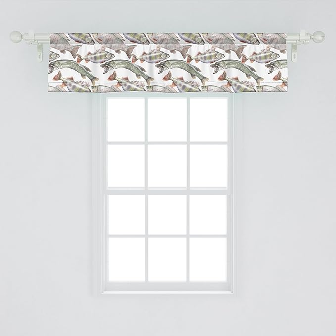 Ambesonne Fishes Window Valance Pack of 2, Watercolor Common Carp Perch and Bass Freshwater Animals Themed Seafood Drawing, Rod Pocket Curtain Valances for Kitchen Bedroom, 54" X 12", Pale Blue Grey