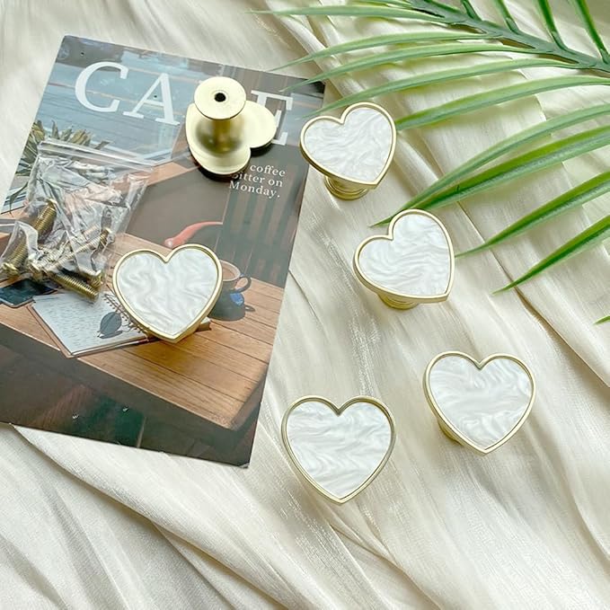 6 Pcs Brass Knobs Drawer Pulls Handles Heart-Shaped Gold Cabinet knobs, Suitable for Bathroom Drawer Kitchen Door Pulls Handles Heart-Shaped Handles (White)
