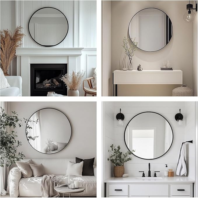 Round Mirror, Black Round Mirror 24 inch, Circle Wall Mirrors Metal Frame, Circular Mirrors for Wall, Living Room, Bathroom, Vanity, Entryway, Hallway.