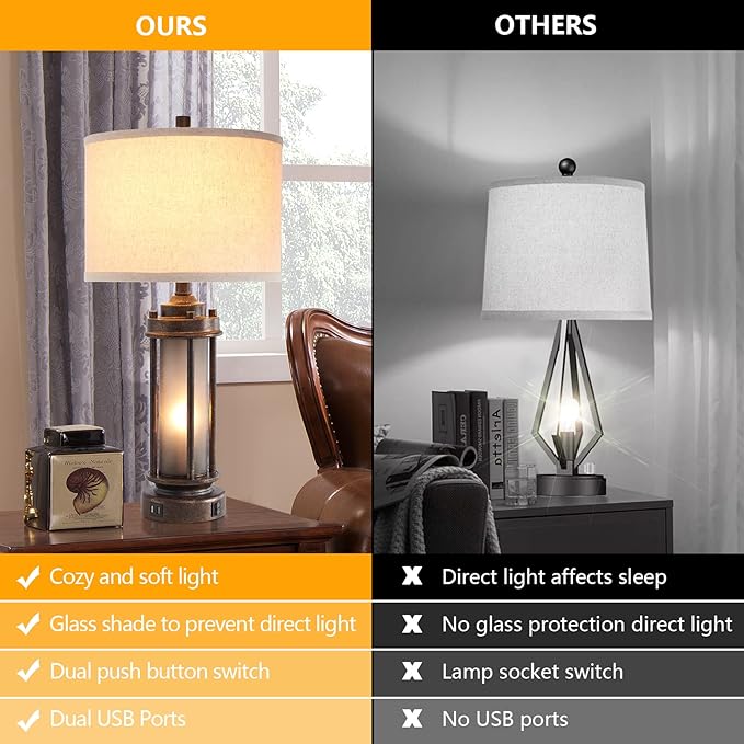 25'' Farmhouse Table Lamp with 2 USB Charging Ports, Rustic Vintage Nightstand Lamp with Frosted Glass Nightlight, Retro Desk Lamp for Living Room Bedroom End Table Entryway, 2 Bulbs Included