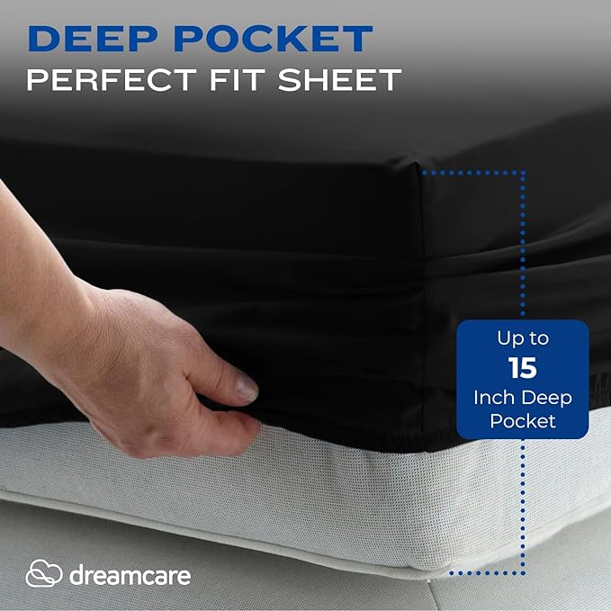 DREAMCARE Full Size Sheets - Cooling Bed Sheets - 4pcs Set - up to 15" Deep Pocket Full Sheet Set - Sheets Full Size Bed - Soft & Long Lasting 100% Fine Brushed Polyester with Side Pocket - Black