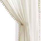 Treatmentex Pompom Linen Sheer Curtains for Living Room Bedroom 72 inches Long Slub Textured Window Curtain Drapes for Office 2 pcs, Beige