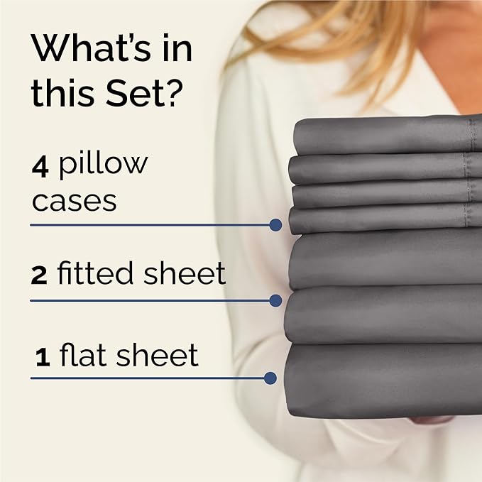 Split King Sheets Set 7 Piece - Includes 4 Pillowcases - Bed Sheets Split King - Soft Hotel Luxury Bedding - Cooling, Cozy & Breathable - 1 Flat & 2 Fitted & 4 Pillowcases w/ Deep Pockets - Dark Grey